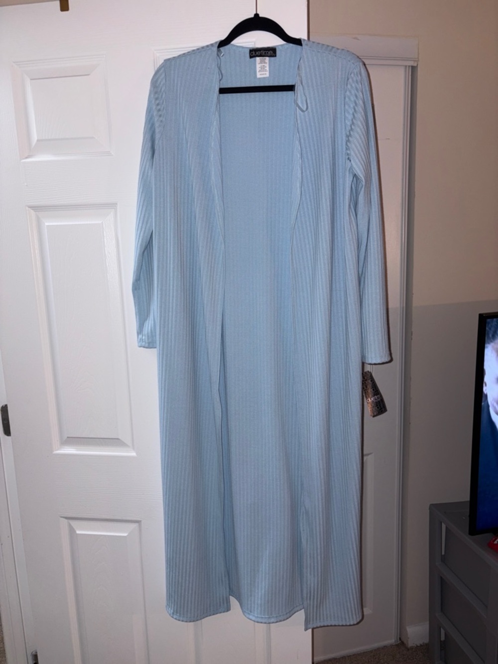 Due Time Light Blue Ribbed Long Open Cardigan duster